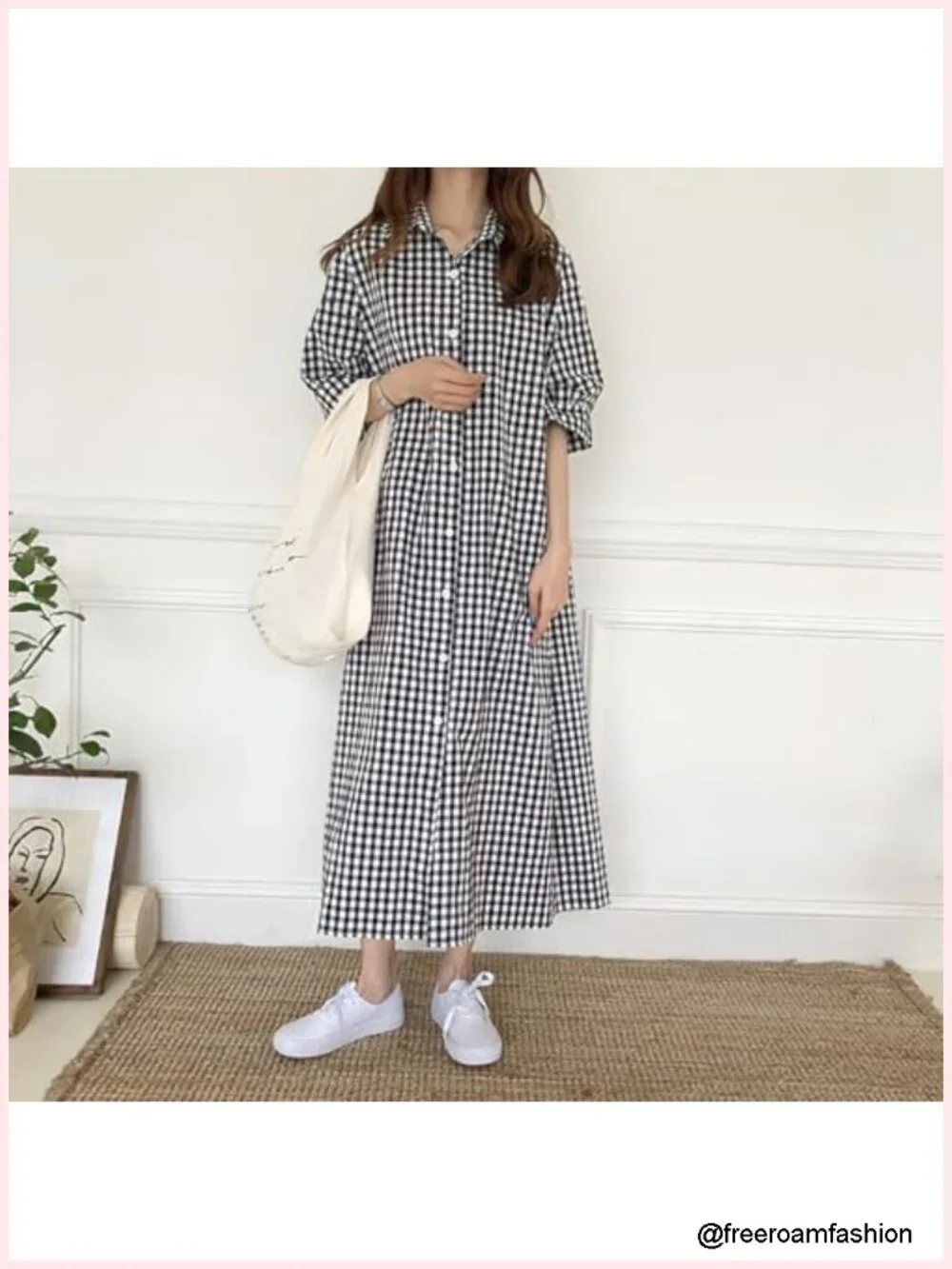Women's Summer Casual Short Sleeve Cotton Gingham Midi Shift Dress